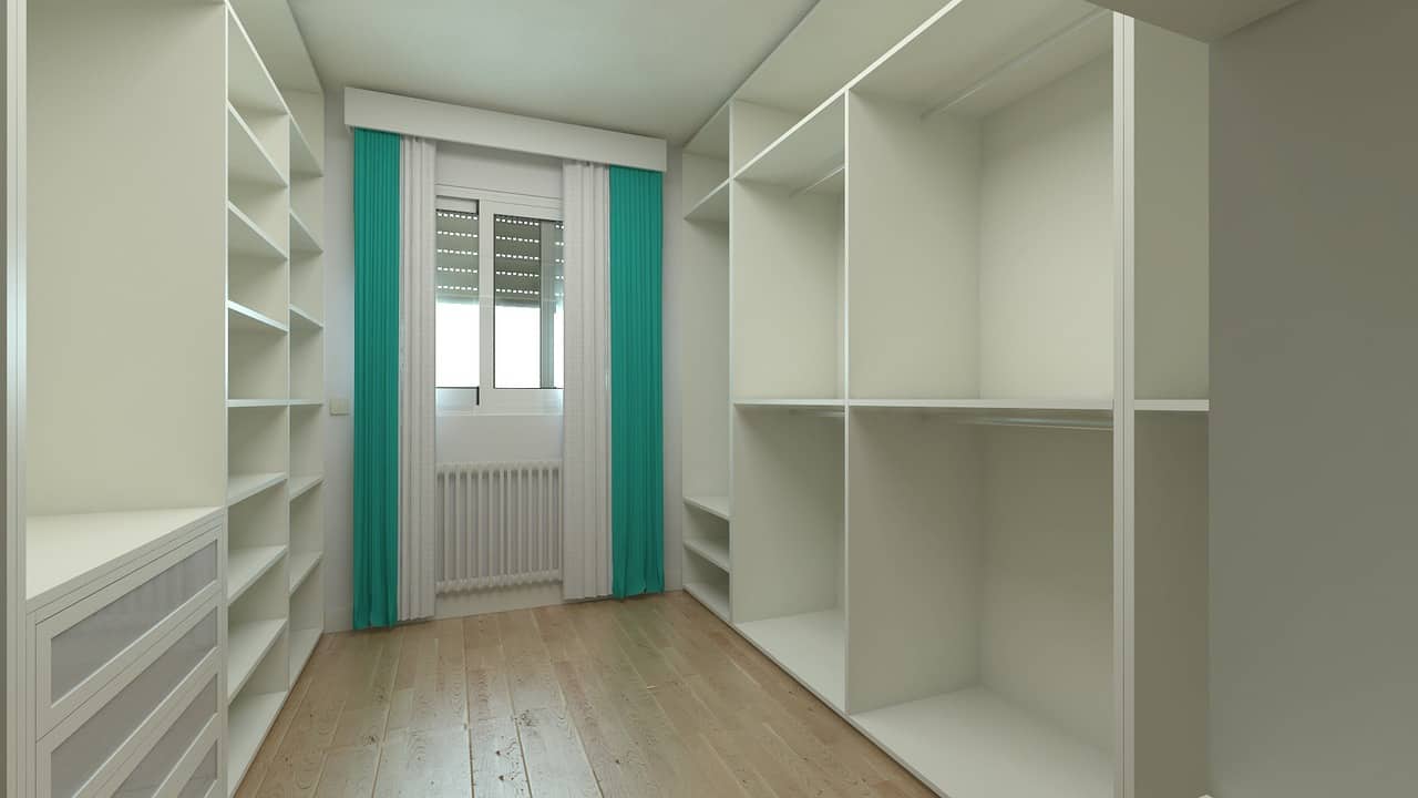 quarto branco com estantes