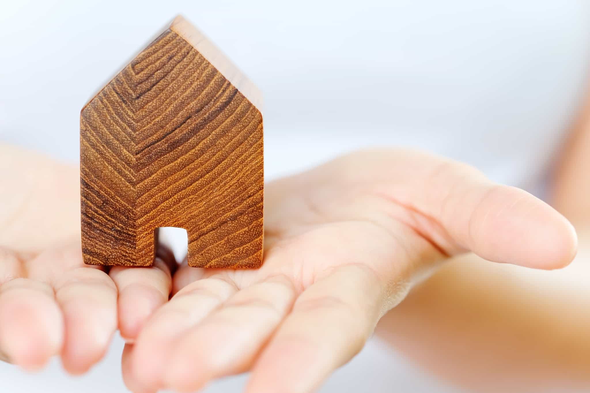 pessoa a segurar miniatura de casa de madeira
