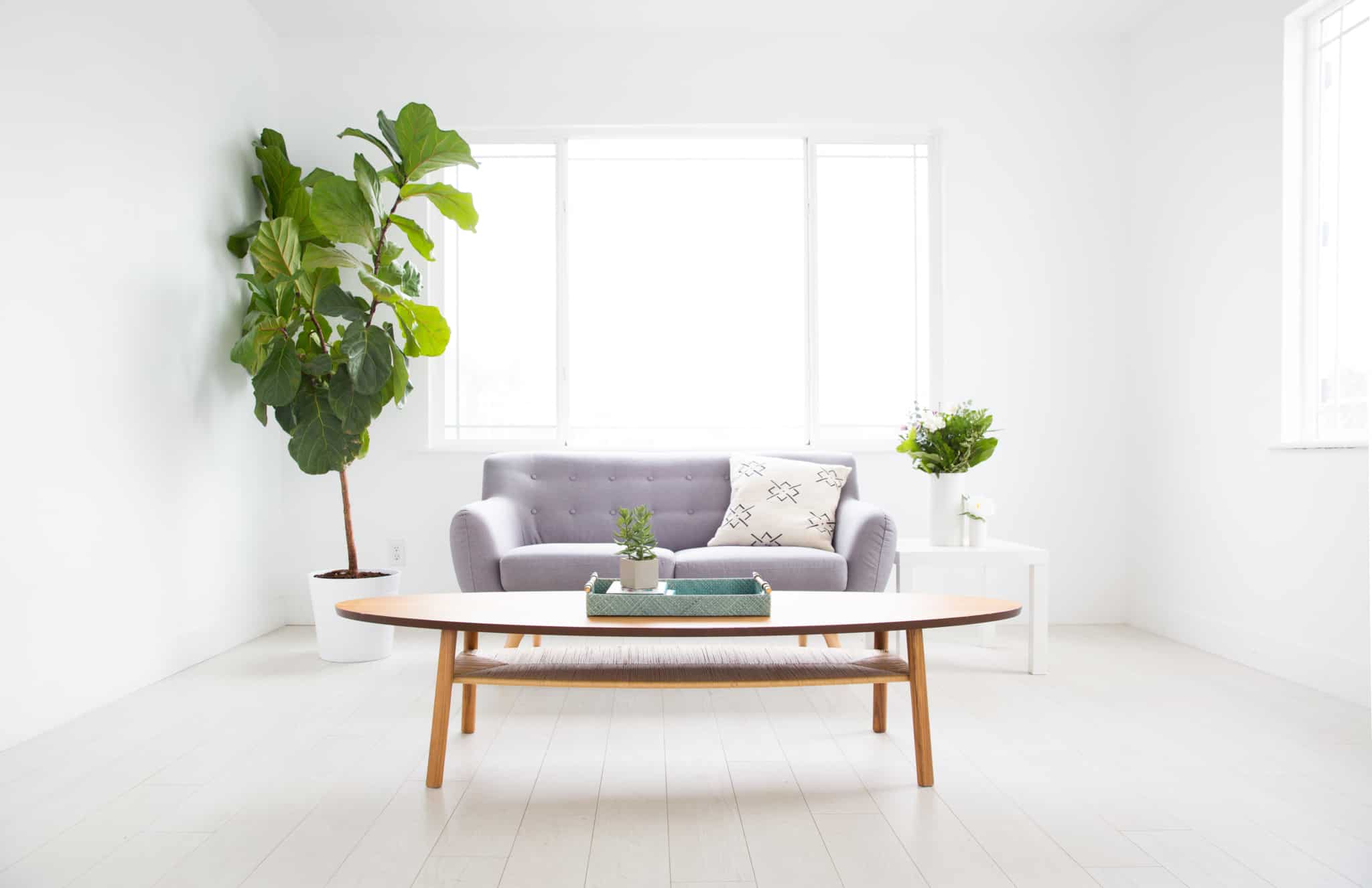 sala de estar com mesa redonda de madeira sofa cinzento de dois lugares e planta do lado esquerdo