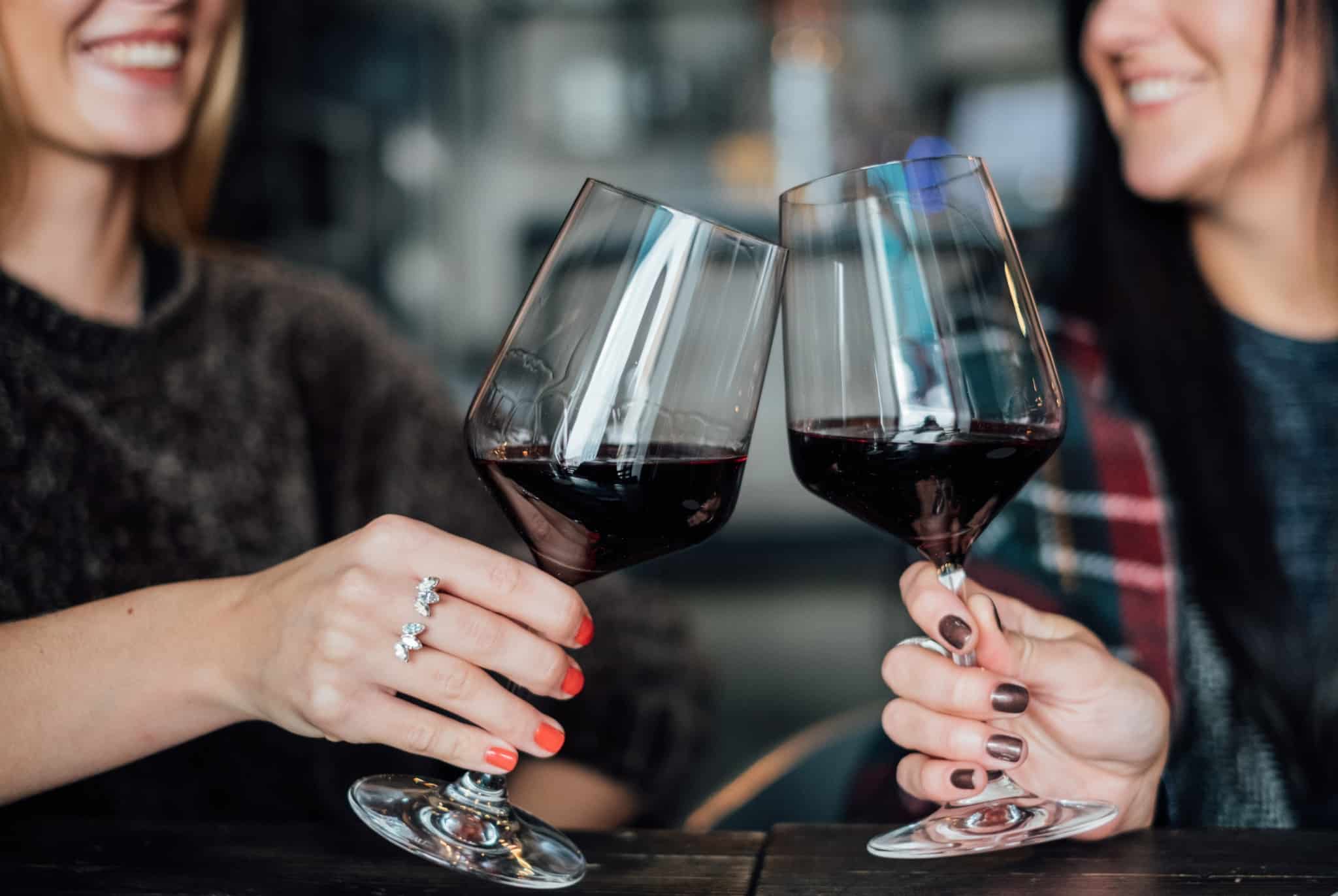 duas mulheres a brindar com um copo de vinho