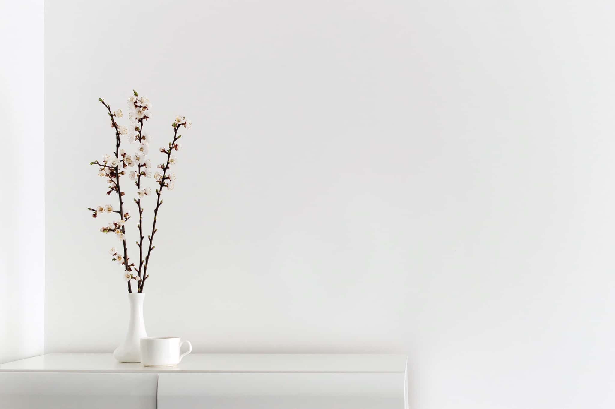 tendência minimalista uma parede branca e um vaso branco com flores