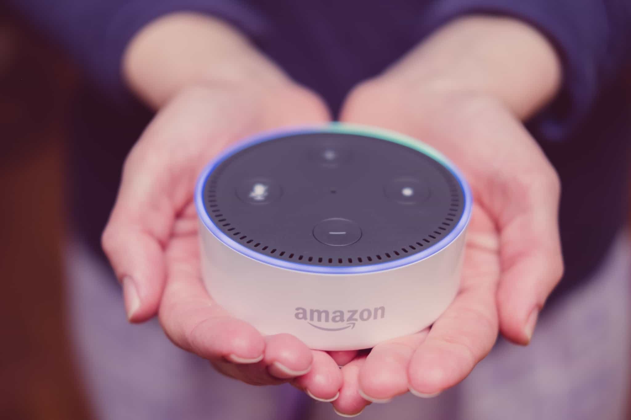 pessoa a segurar um dispositivo inteligente da amazon