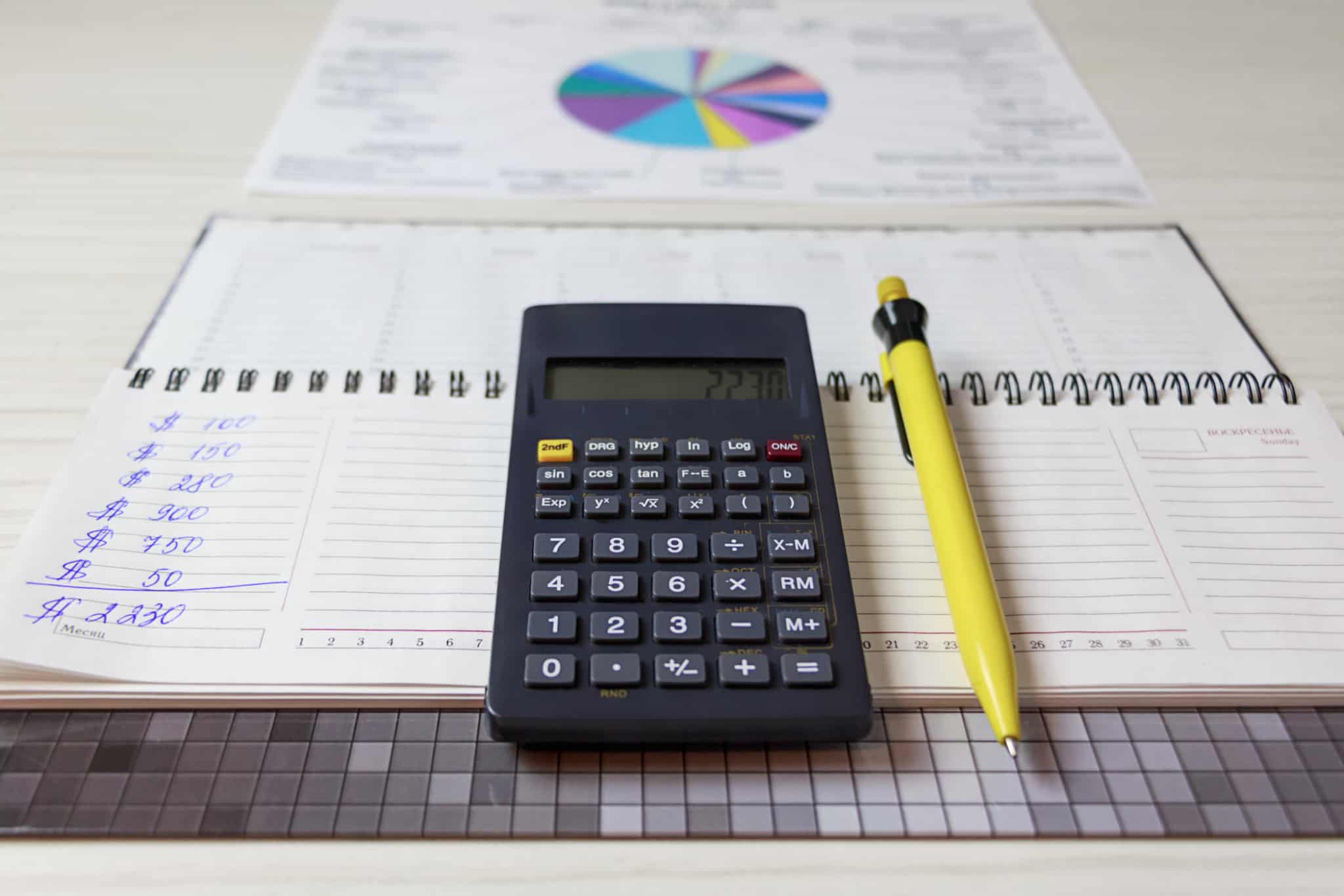 fazer um orçamento com uma calculadora e uma caneta amarela