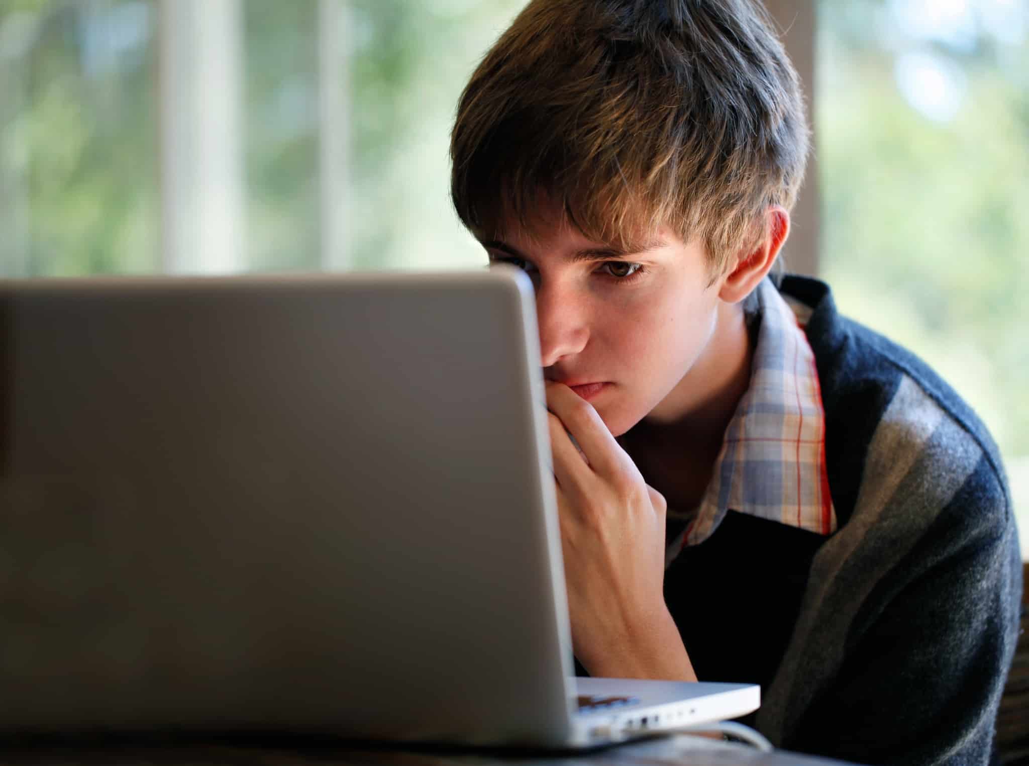 Jovem vê informação num computador portátil para saber se tem direito à bolsa de estudo da Segurança Social