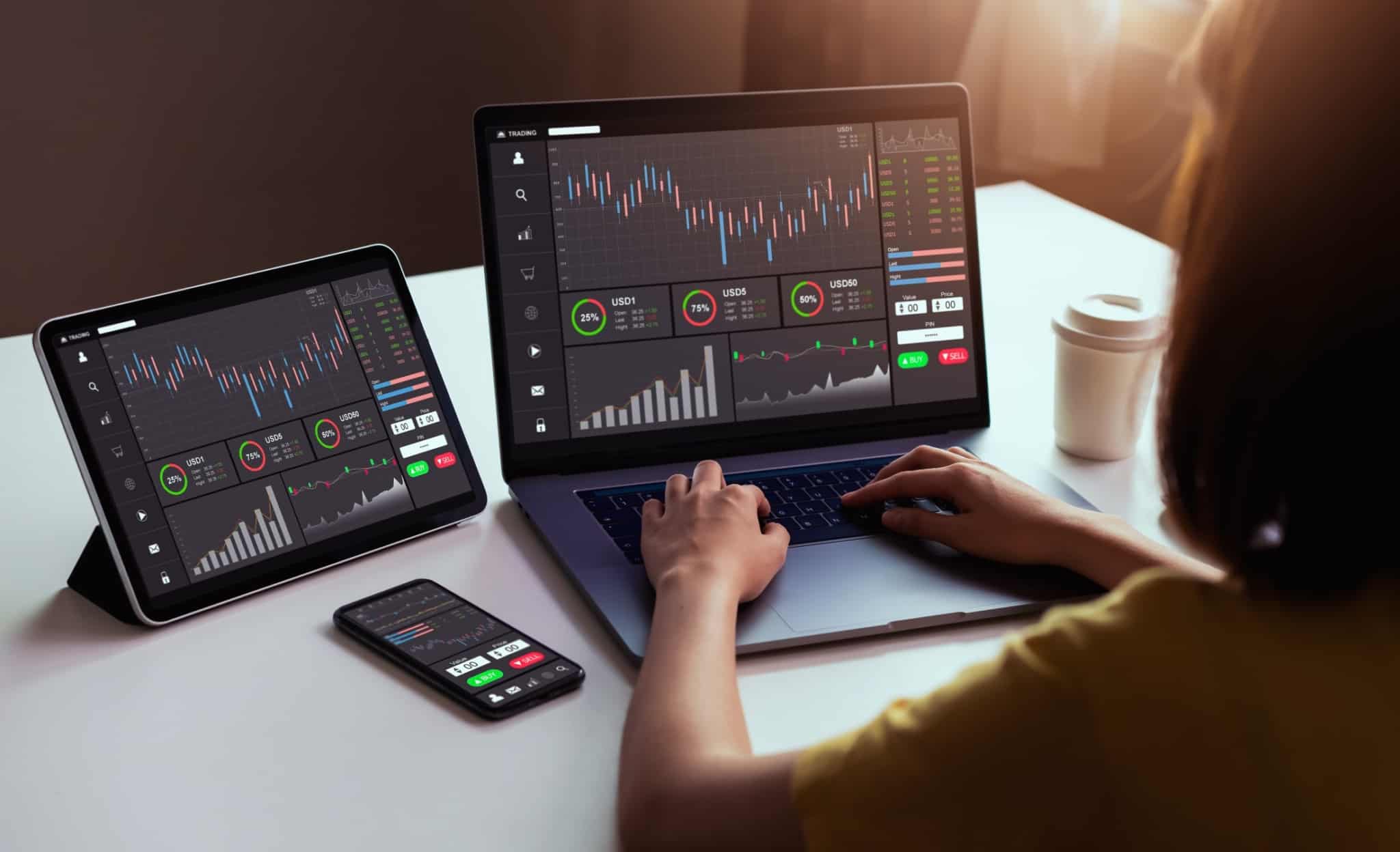 jovem investidora consulta o desempenho dos seus investimentos em stablecoins