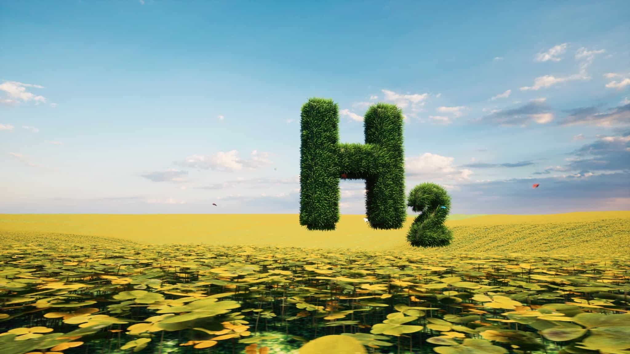 hidrogénio ilustrado com produção fotográfica na qual o H2 está a pairar sob um campo verde e o símbolo está revestido de plantas verdes