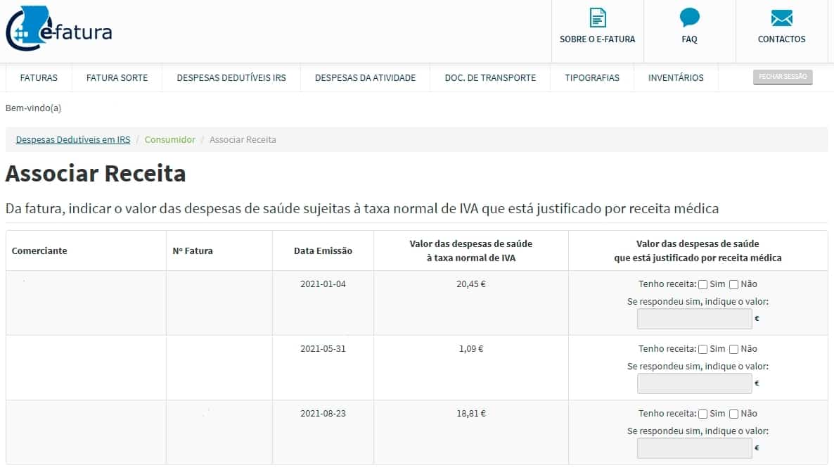 e-fatura, receitas
