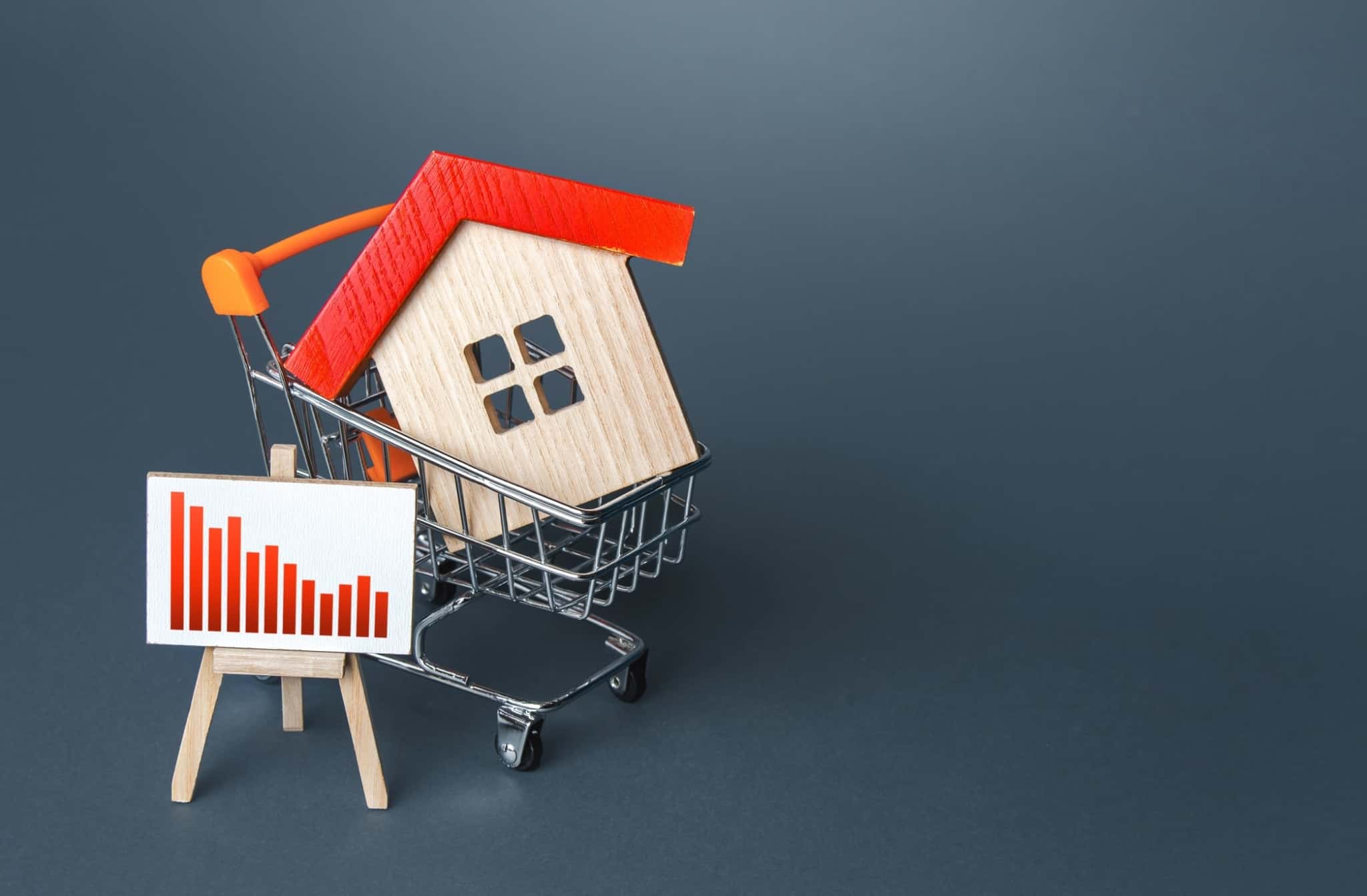 miniatura de casa dentro de um carrinho de compras. Ao lado um gráfico com a evolução dos custos com a casa. A subida da Euribor aumenta os encargos
