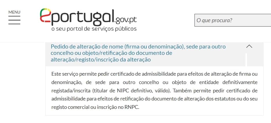 Menu principal empresa online, campo pedido de alteração de sede para outro concelho