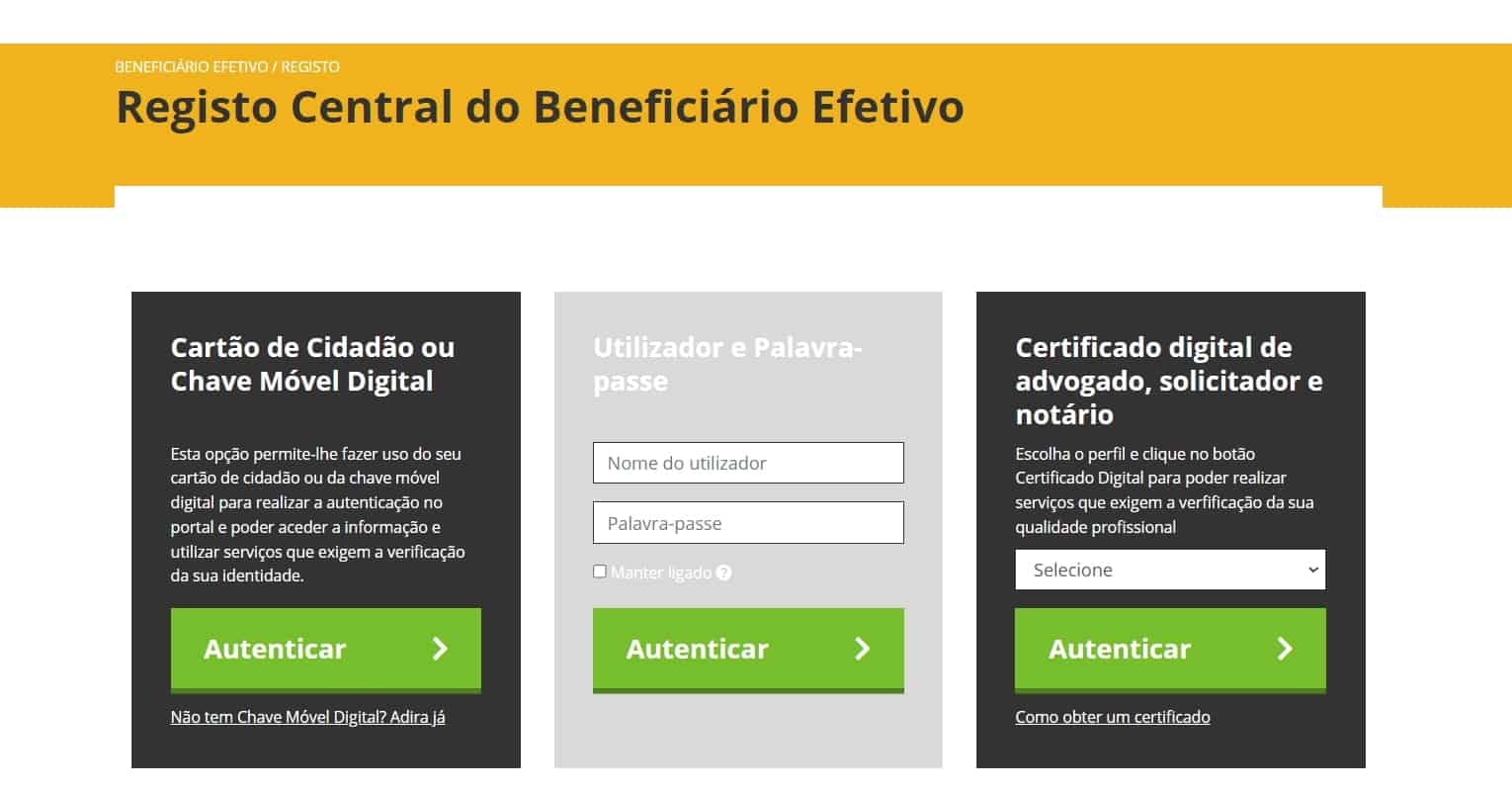 Entrada no portal da justiça para submeter o registo central do beneficiário efetivo