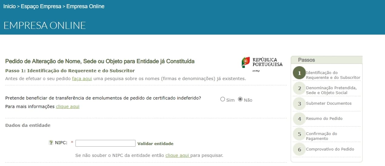 Quadro com a indicação de dados a preencher para mudar a sede social