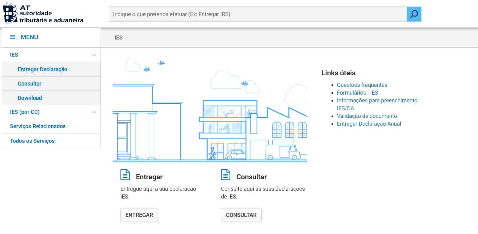 Imagem do Portal das Finanças da página para entregar a IES Informação Empresarial Simplificada