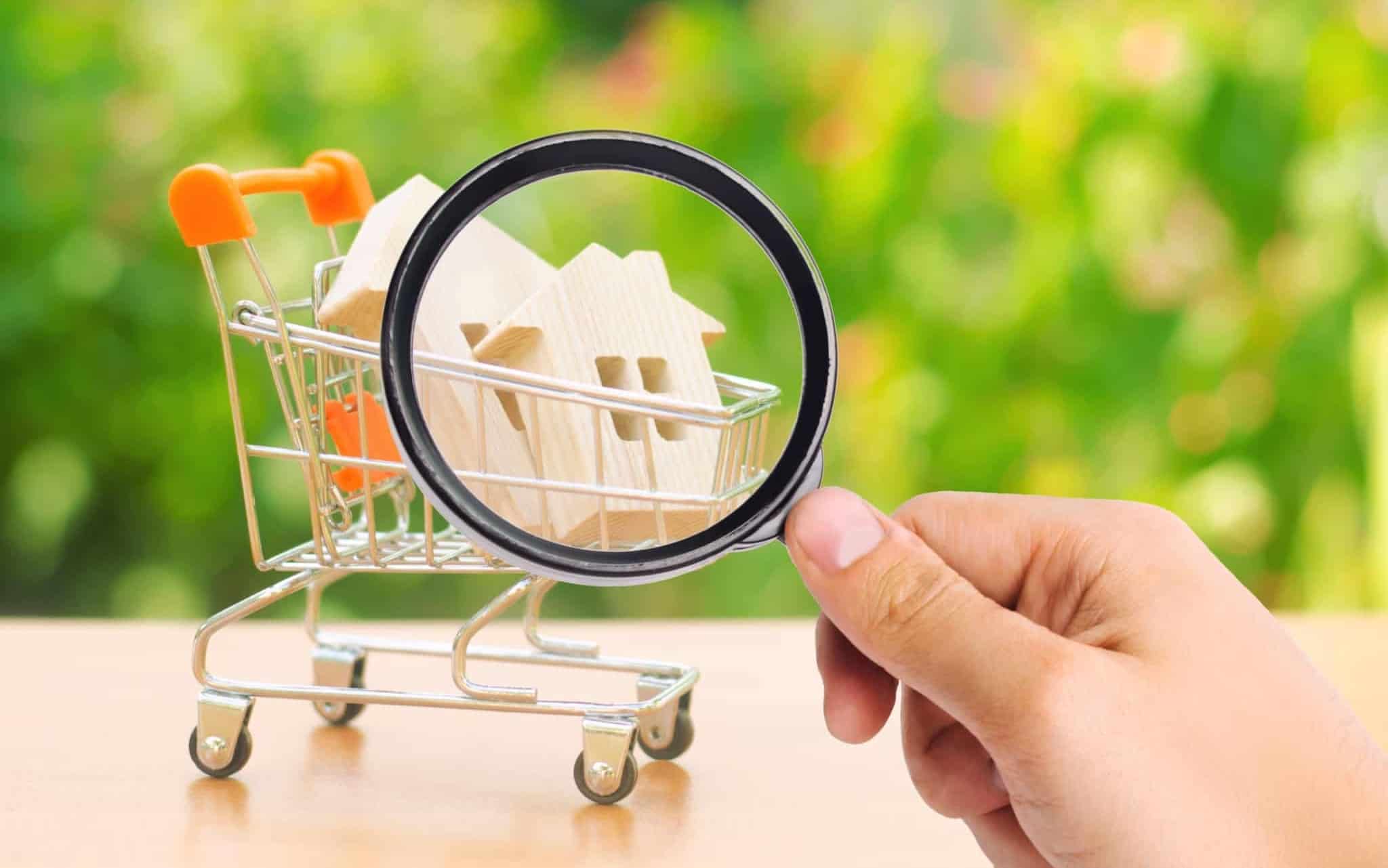 pequenos moldes em madeira de casas dentro de um carrinho de supermercado também em miniatura observados por uma lupa ilustram os cuidados a ter numa avaliação da casa