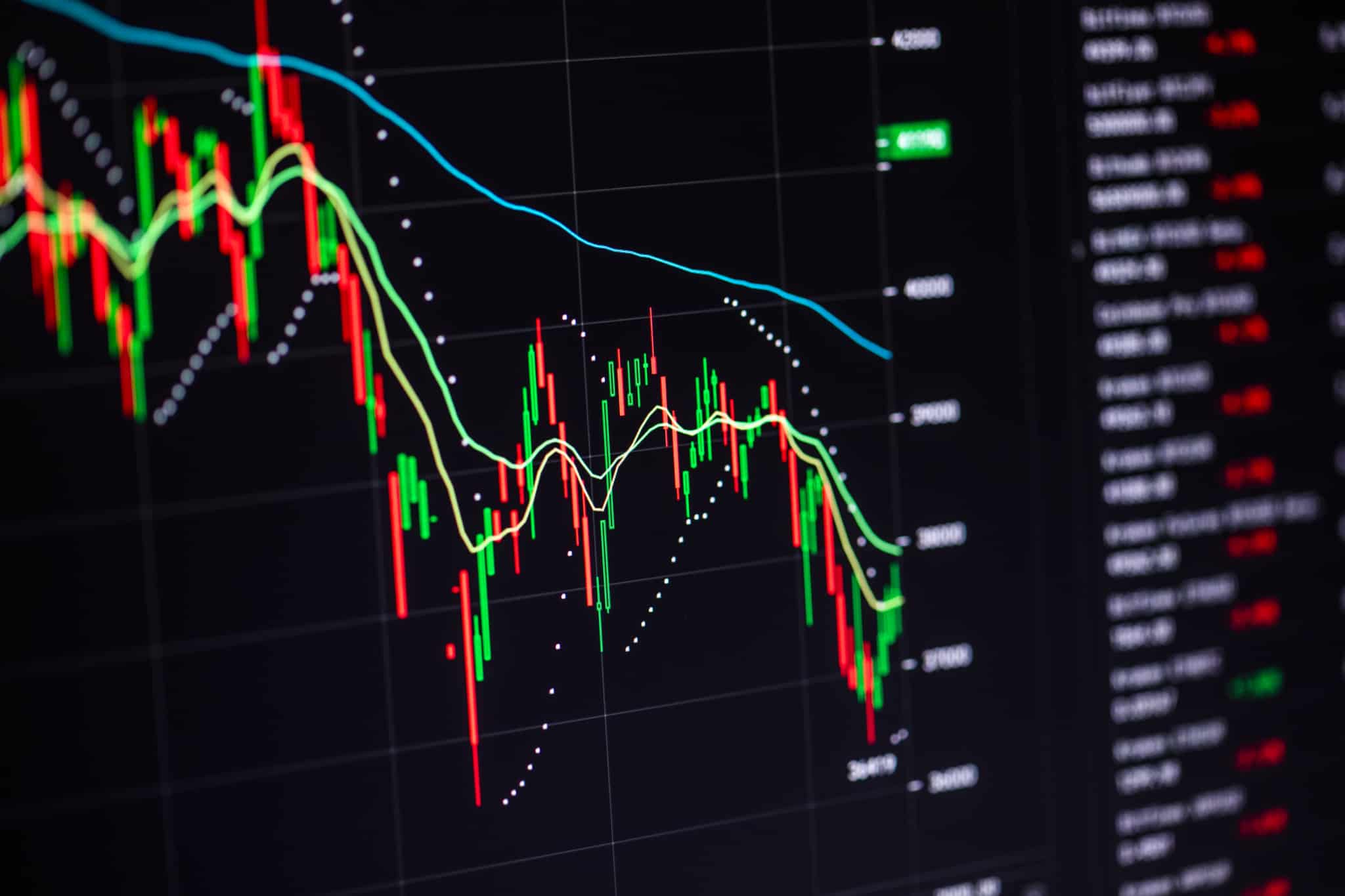 Monitor com gráfico mostrando uma queda do preço das ações