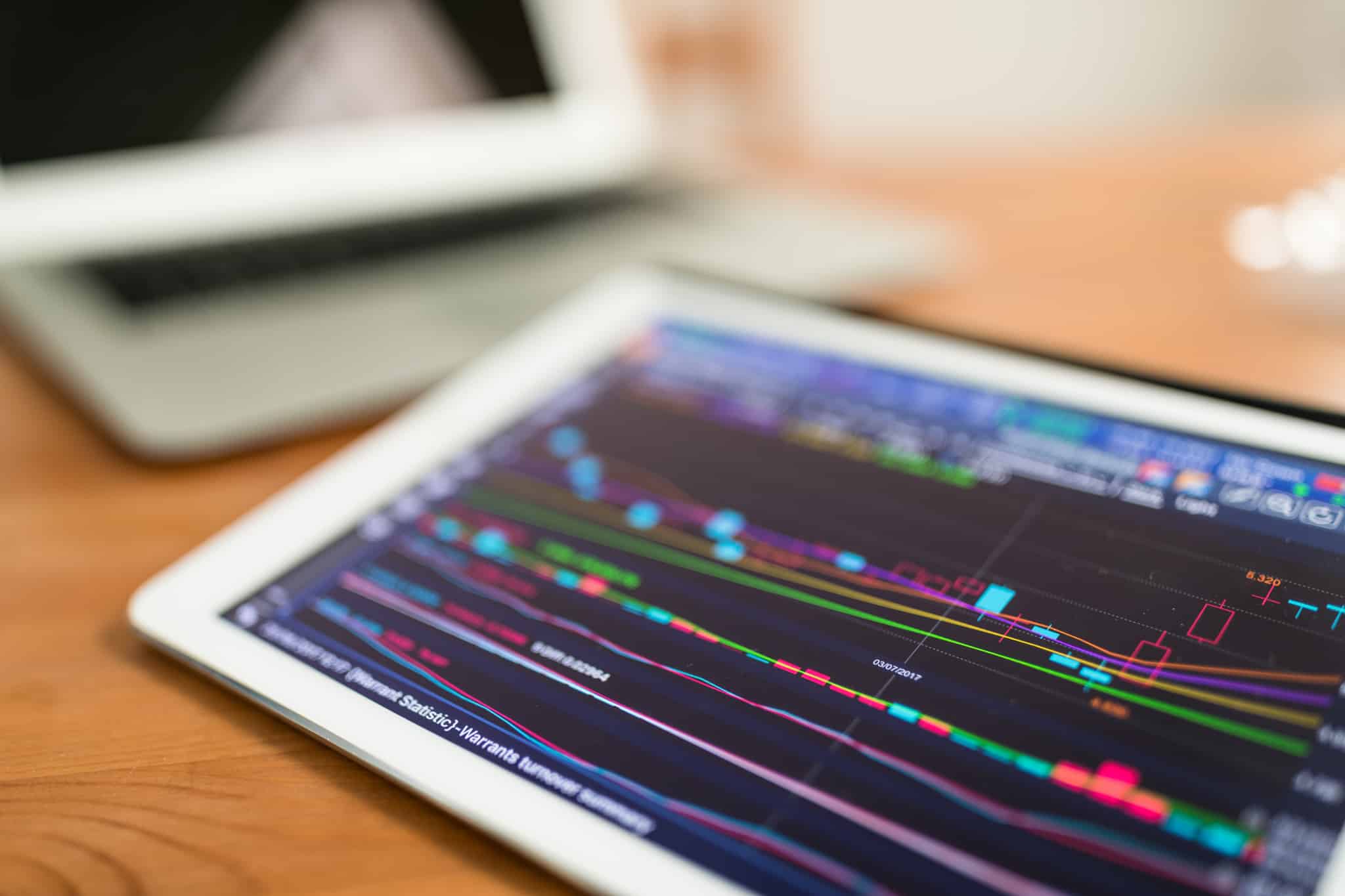 Tablet com gráficos sobre a evolução dos mercados financeiros