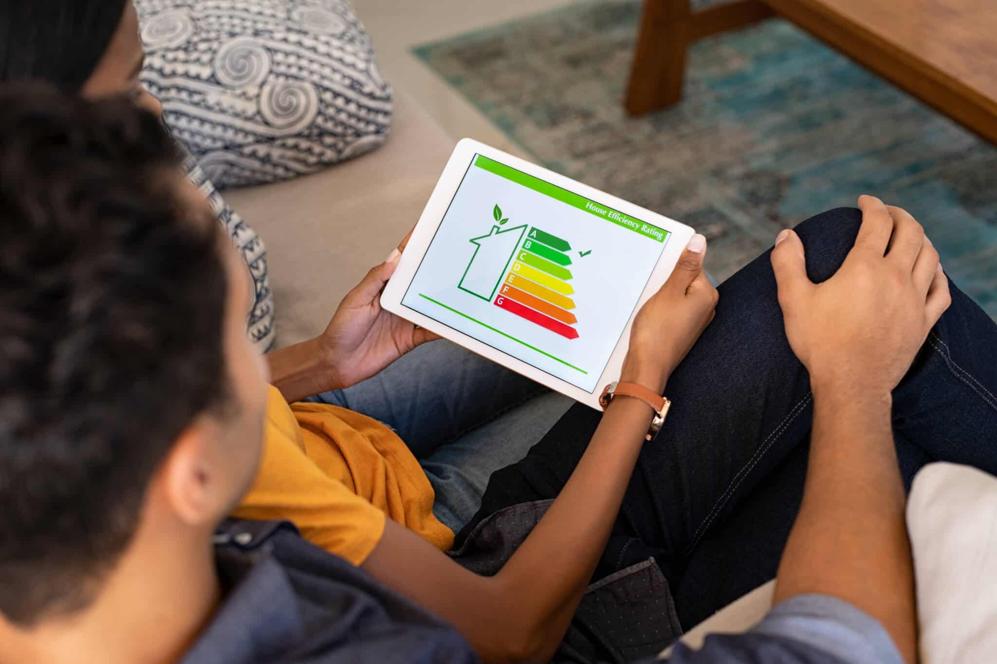 Casal sentado de costas a observar ipad com níveis de casa eficientemente energética