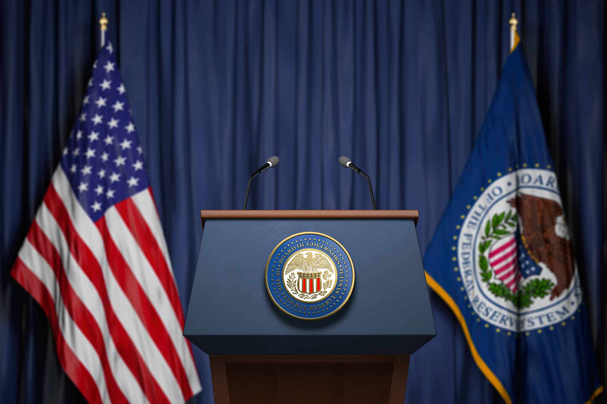 Palanque com a bandeira dos Estados Unidos e da Reserva Federal