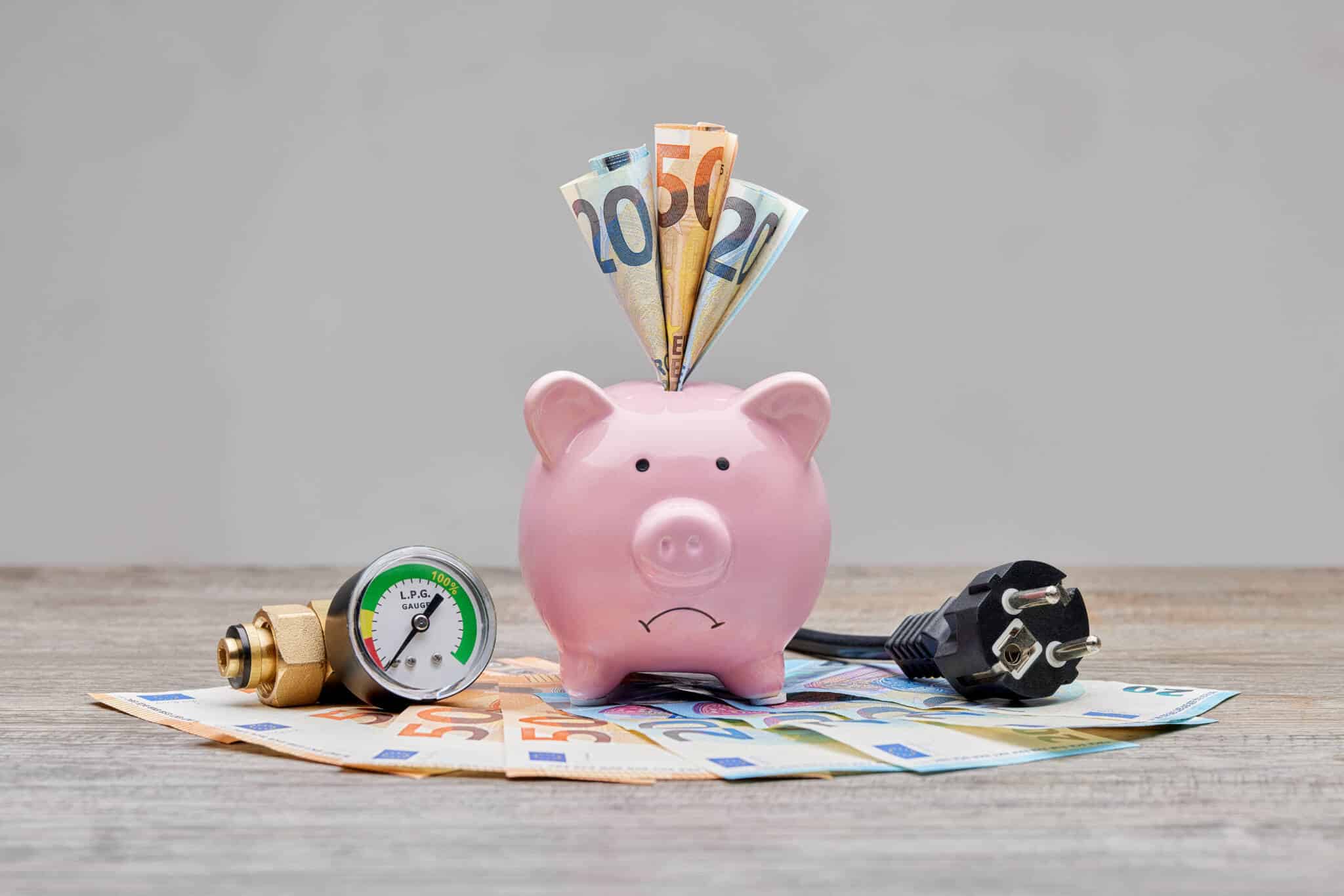 um porquinho mealheiro cor de rosa em cima de um leque de notas de Euro, que também estão a sair da sua ranhura, rodeado por ficha elétrica e medidor de gás, ilustram as dicas para economizar nas despesas domésticas