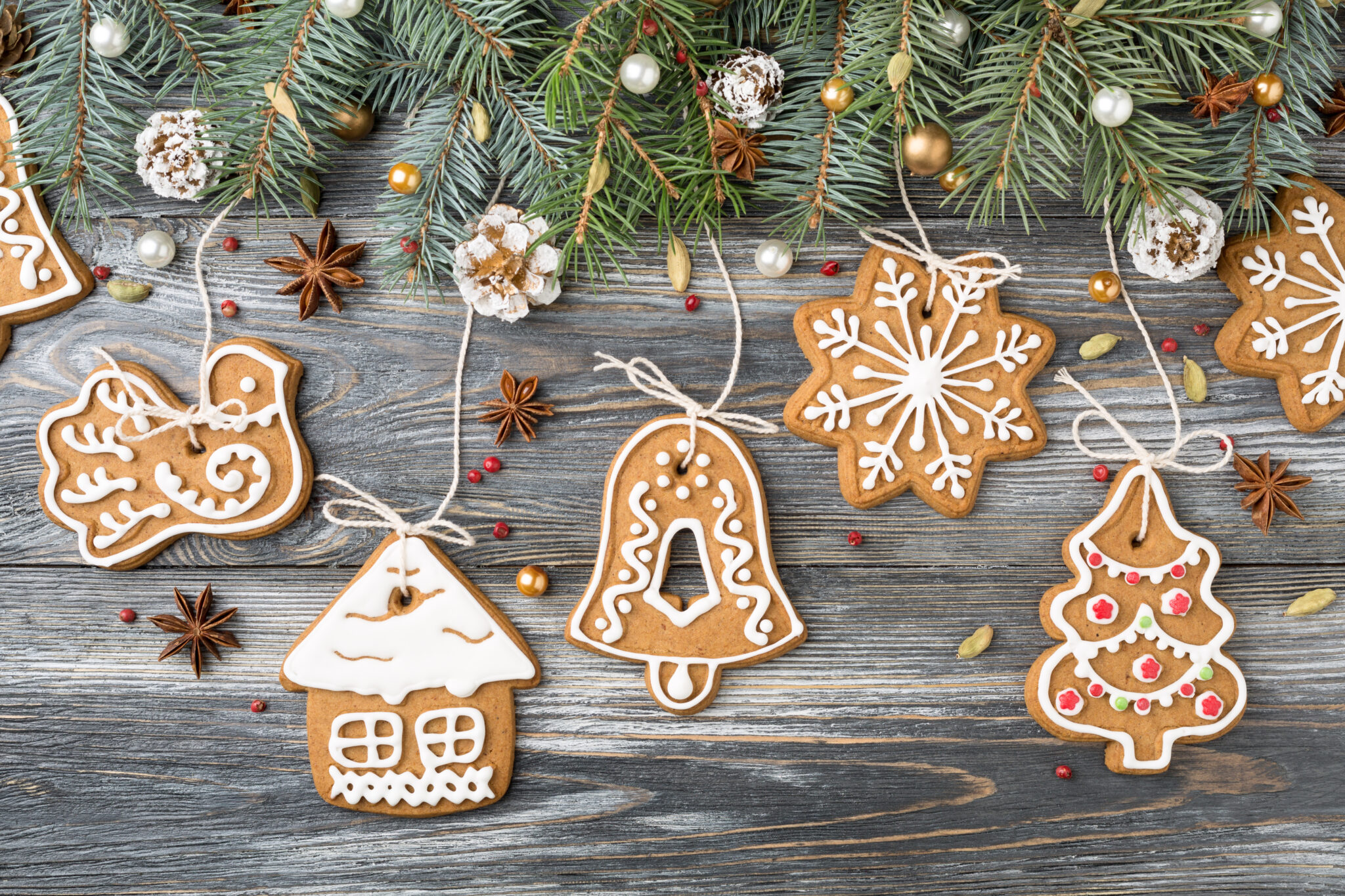 decoração de Natal simples, à base de bolachas típicas da quadra com formas ilustrativas, presas à arvore com cordel simples também, sendo exemplo da simplicidade e poucoi gasto que é possível ter nestas decorações