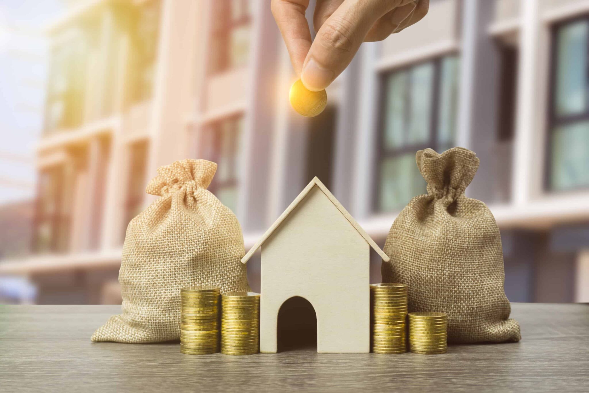 imagem de uma casa com sacos e moedas a ilustrar quais os rendimentos considerados pelos bancos no crédito habitação