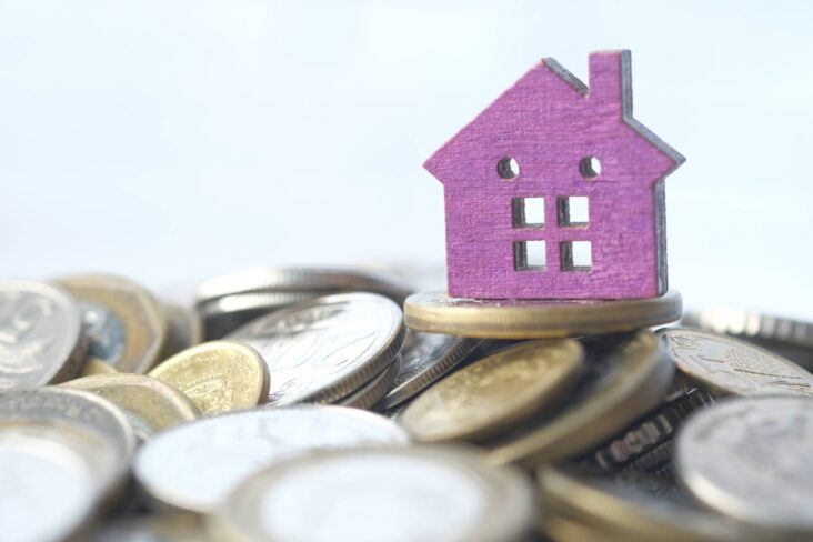 pilha de moedas de euro espalhadas com uma casa apenas com fachada, roxa, no topo simbolizando a isenção de IMI