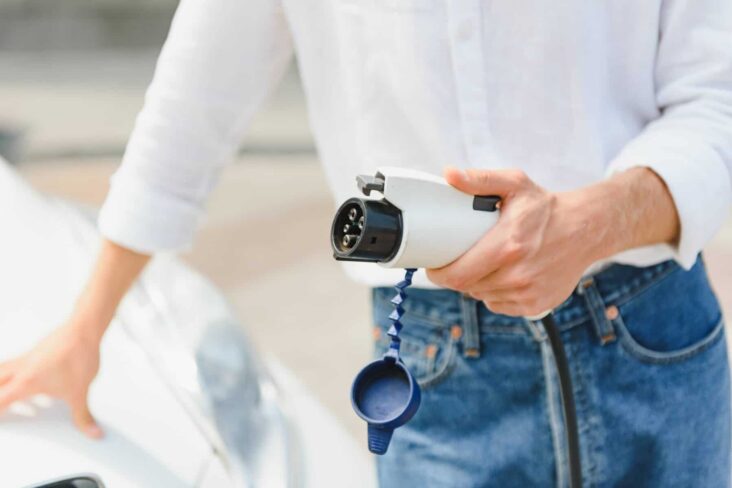 Homem a utilizar carregador de carro elétrico