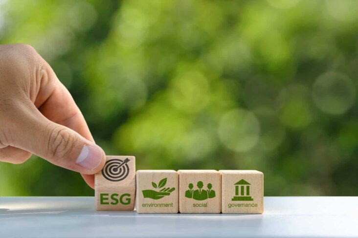 Quatro cubos de madeira pousados sobre a mesa, com icones relacionados com os conceitos de ESG - ambiente, social e de governança