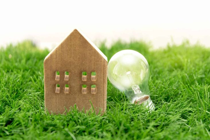 Pequena casa de madeira pousada na relva. Ao seu lado uma lâmpada, numa associação e eficiência energética