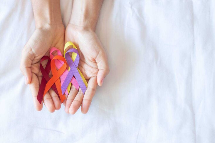 Duas mãos de mulher juntas, em formato de concha, seguram laços de várias cores, numa alusão ao cancro
