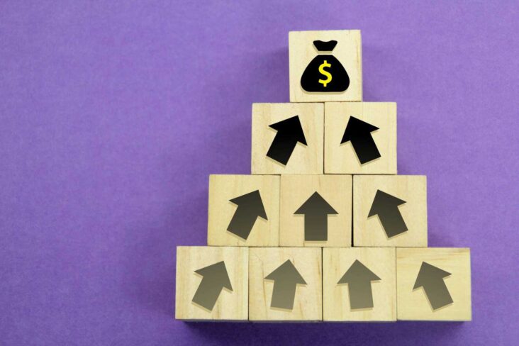Cubos de madeira, organizados em pirâmide, com setas a apontar o cubo no topo que tem uma imagem com um saco de dinheiro