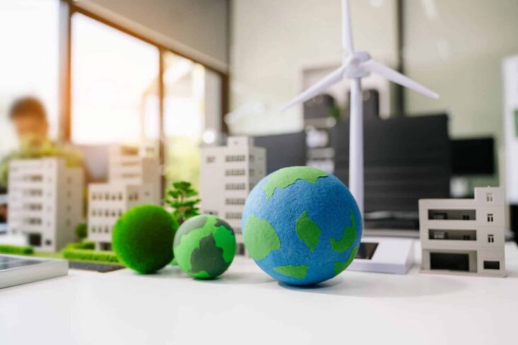 Três bolas com o planeta terra desenhadas dentro de uma estrutura miniatura onde se veem prédios e soluções de energias renováveis, como o solar ou a eólica